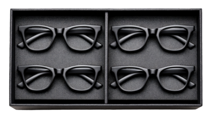 Black eyeglasses in a divided tray