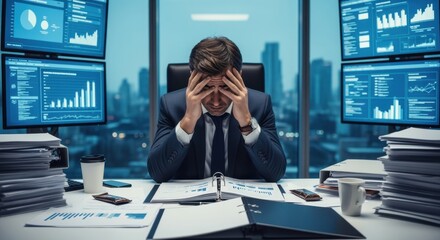 A business leader sitting alone in a modern office surrounded by paperwork and digital screens visibly stressed and overwhelmed symbolizing the pressures and mental challenges