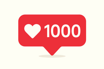 Social media 1000 likes notification with heart. Follower count icon. Vector for post. App button with counter. Flat design symbol for community engagement and popularity.