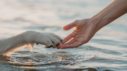 Touching moment of trust and connection, human hand reaching for dog paw in calm waters by the beach