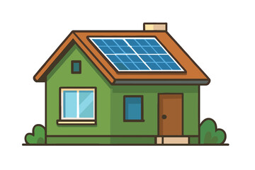 Solar panel on house roof. Green renewable energy. Sustainable home power technology. Eco friendly electricity concept. Vector illustration flat design cartoon style building.