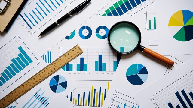 Analyze business performance reports with magnifying glass, pen and ruler for strategic planning