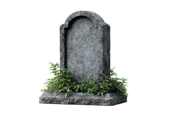 Gray stone headstone with greenery at base