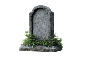 Gray stone headstone with greenery at base