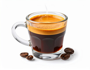 Black coffee in transparent mug with coffee beans