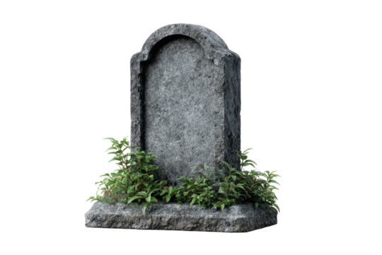Gray stone headstone with greenery at base