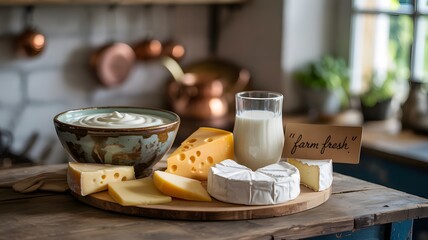 A rustic kitchen display featuring farm-fresh dairy products, including cheese, yogurt, and milk on a wooden board.