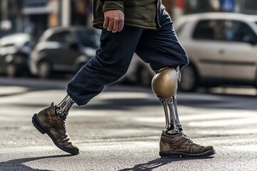 Man confidently walking on the street with a prosthetic leg during a sunny day in an urban environment