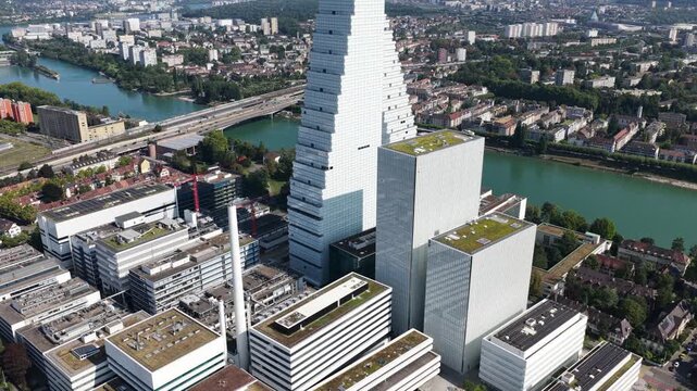 The Roche Tower Roche Turm, Bau 1 in Basel, Switzerland. Aerial drone video.