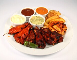 A delicious platter of spicy and BBQ grilled chicken wings served with crispy potato wedges and a variety of dipping sauces on a white plate
