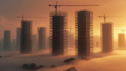 High rise skyscrapers under construction with cranes surrounded by mist and golden sunrise light creating futuristic urban city development - Powered by Adobe