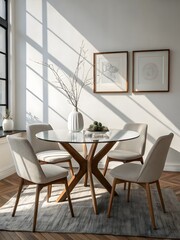 Sunlit Dining Area with Round Table, Four Chairs, and Framed Art on the Wall