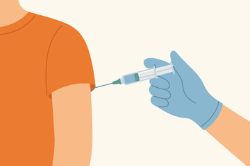 Syringe vaccine shot. Doctor hand in a glove making a vaccination injection in a patient shoulder. Concept of immunization, health care, flu or covid jab. Flat vector design.