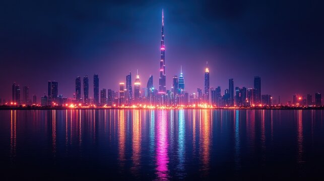 Vibrant city skyline at night, reflected in water - Powered by Adobe