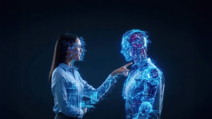 Businesswoman artificial intelligence digital robot technology future innovation interaction communication human hologram workplace, showcasing futuristic blue light concept and modern professional - Powered by Adobe