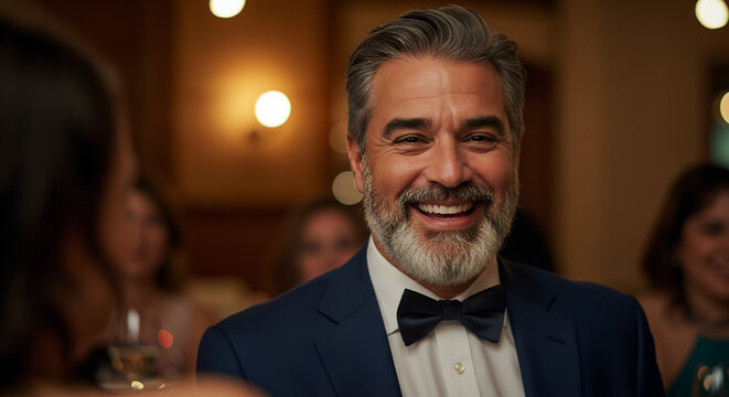 Happy middle-aged man smiling in tuxedo at formal celebration event