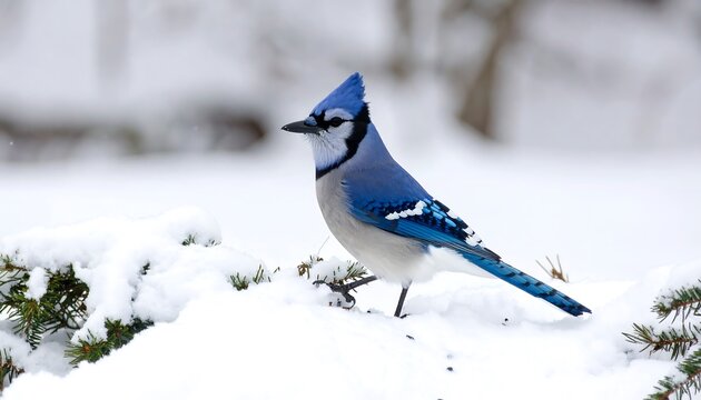 Blue jay perched on snowy branches - Powered by Adobe