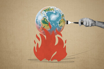 Pop full photo collage of human hand hold fork prick earth globe heat fry food imitation global...