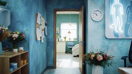 Captivating Veterinary Clinic Interior with Textured Blue Walls Flowers and Natural Light Examination Room with Medical Equipment and Comfortable Chair Professional Design