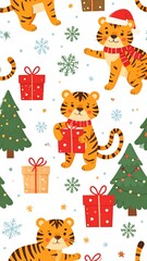 Fototapeta premium Cute Christmas tigers pattern