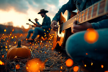 Young men in cowboy hats playing guitar with band among Halloween pumpkins, country music festival