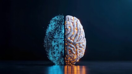 Half human brain and half digital circuit glowing neural network artificial intelligence technology innovation futuristic blue and orange light dark background, digital brain science creativity data - Powered by Adobe