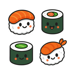 Adorable kawaii sushi illustration set featuring salmon nigiri, shrimp nigiri, and sushi rolls with happy smiling faces. Perfect for Japanese food design, restaurant branding, kids menu decorations