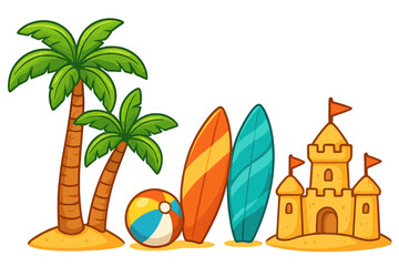 Summer beach elements set. Tropical vacation concept with palm trees, surfboards, sandcastle and beach ball. Cartoon vector illustration isolated on white background.