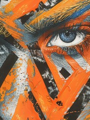 Collage of a blue eye with bold orange strokes and graphic shapes. AI-generated.