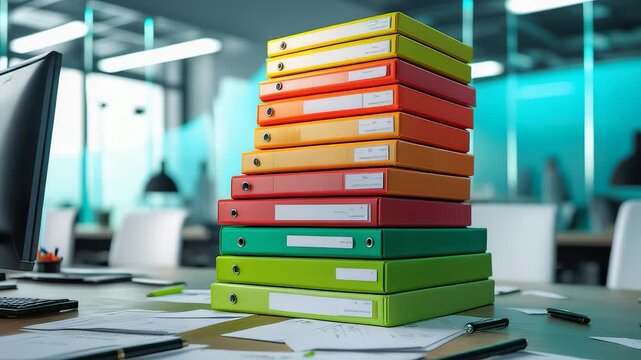 Stack of colorful office binders arranged on desk with scattered papers in modern workspace environment filled with bright natural light