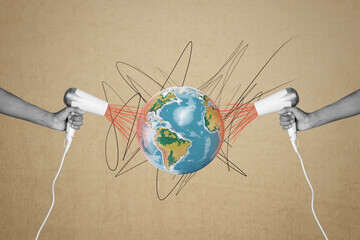 Composite photo collage of human hands hold electric hairdryer heat globe environment save global...