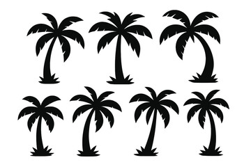 A collection of black palm tree silhouettes. Tropical coconut tree set for summer vacation design. Vector illustration for beach travel, island paradise concept. Exotic nature icons.