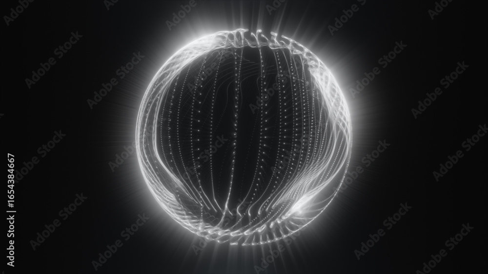 Poster black and white luminous abstract sphere composed of flowing lines and digital light rays in a dark 