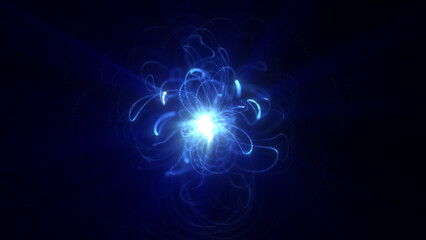 Abstract glowing blue energy sphere with swirling light trails and bright core, symbolizing power, technology, and cosmic forces