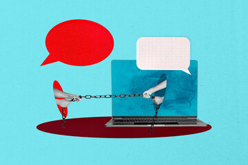 Collage of hands person people using speech bubbles representing chatting online messaging social media communication