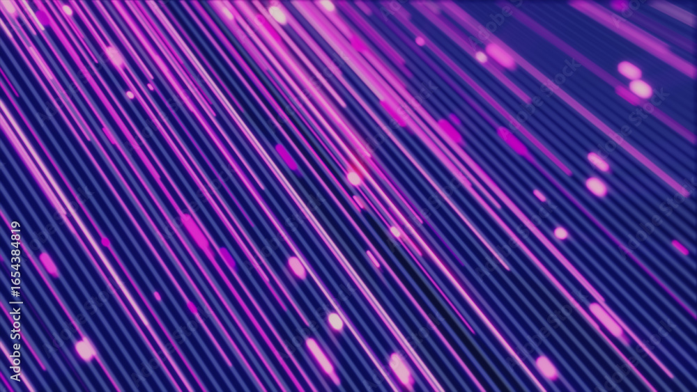 Poster diagonal magenta and purple glowing light streams creating a high-speed visual effect across a dark 