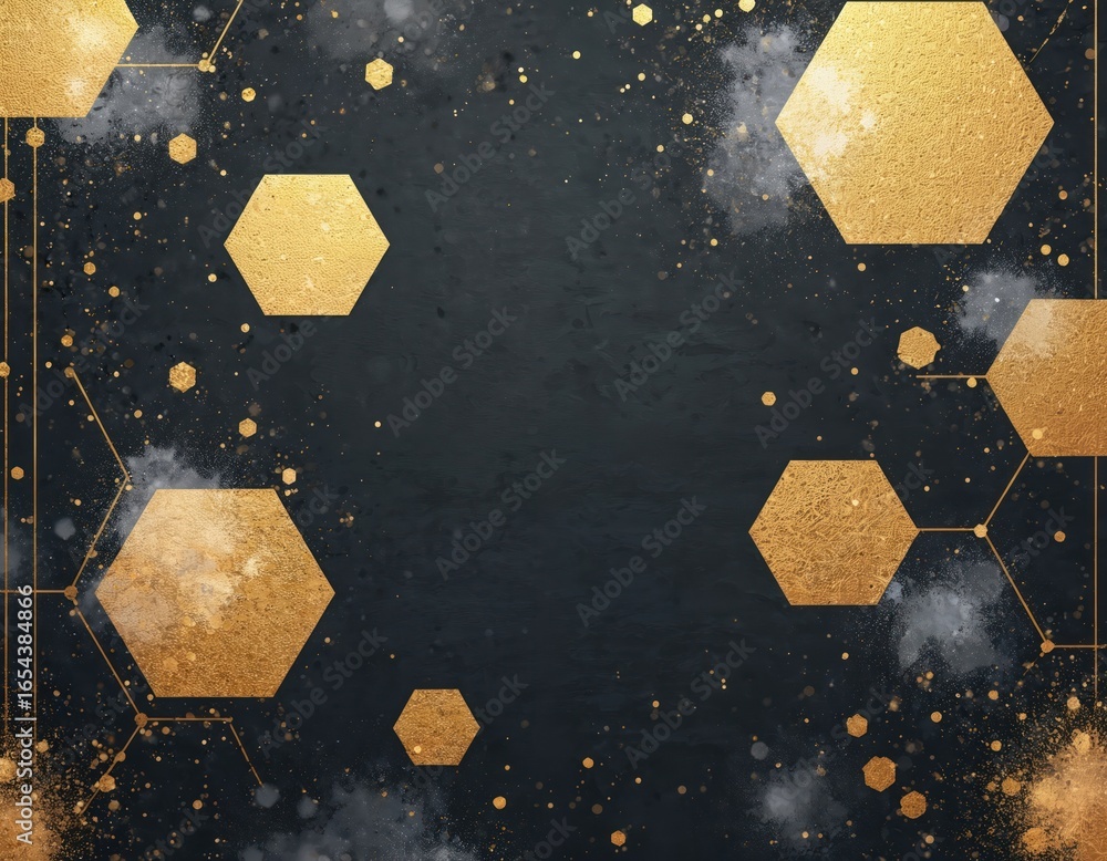 Poster abstract geometric pattern featuring golden hexagons, splatters on dark background. textured composi