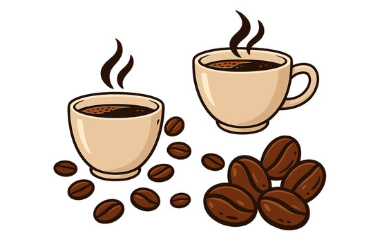 Two hot coffee cups with steam and roasted coffee beans. Vector illustration for cafe menu, branding, or advertising. Fresh morning beverage concept. Espresso or cappuccino icon.