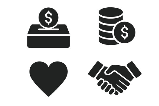 Fundraising and charity solid icon set. Vector glyphs of donation box, money coins, love heart, and handshake. Philanthropy, sponsorship, and humanitarian aid concept design.