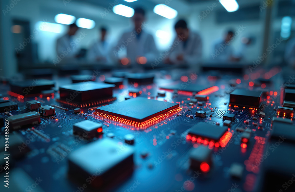 Poster circuit board detail with glowing red processors and components in a tech lab. engineers collaborate