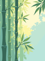 Bamboo stalks with soft sunlight, palette: bamboo green, pale yellow, brown, sky blue