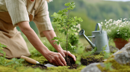 Woman planting young tree sapling in wildcrafted natural garden. Hands protecting native flora growth, organic eco rewilding, sustainable rural harmony with nature environment and tools.