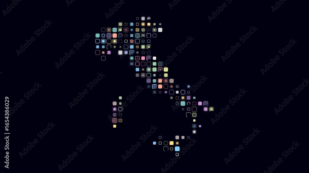 Poster italy map animation. shape of the country with pulsating colored dots. large size rounded square blo