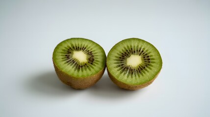 Two halves of a kiwi fruit displayed against a clean white background, showcasing vibrant green flesh and brown seeds.