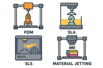 3D printing technology vector icon set. FDM, SLA, SLS, and Material Jetting methods. Additive manufacturing process for rapid prototyping and industrial engineering concept.