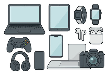 Set of modern technology and gadgets. Collection of digital devices icons. Vector cartoon illustration. Laptop, tablet, smartphone, camera, smartwatch, headphones, gamepad.