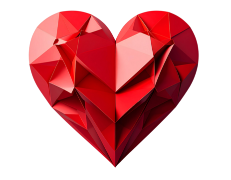 3D Origami-Style Red Heart with Folded Paper Texture, Angled Perspective, Isolated on Transparent Background PNG