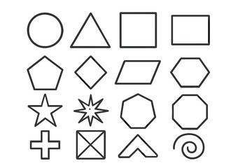 Basic geometric shapes line icon set. Minimalist outline symbols. Circle, triangle, square, star, polygon. Abstract figures and design elements for graphic projects. Vector illustration.