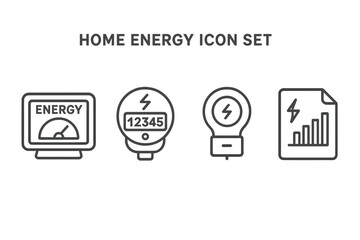 Home energy monitoring icon set. Outline vector symbols for smart meter, energy usage analysis, consumption display, power usage report, home electricity efficiency, submeter clamp, green technology.