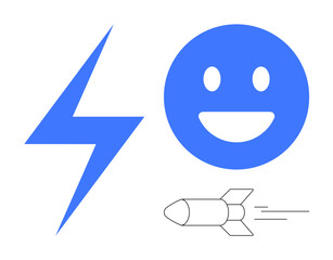Simplified blue happy face, bold lightning bolt, and minimal rocket with motion lines represent energy, efficiency, innovation, technology, power, motion and vibrance. Ideal for startups marketing